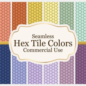 May include: A selection of seamless hex tile patterns in a range of colours, such as pink, orange, yellow, green, blue, and purple. The patterns are arranged in vertical columns with a honeycomb design. The image includes the text "Seamless Hex Tile Colors Commercial Use."