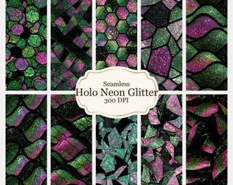 Holographic Neon Glitter Digital Paper Bundle | Seamless Cyberpunk Dollhouse Wallpaper (Digital Download)
