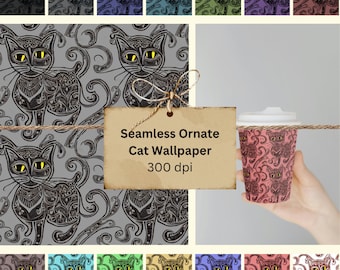 Ornate Cat Seamless Digital Paper Pattern Bundle of 15 Colors