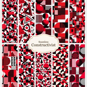 Pode incluir: Uma coleção de dez padrões construtivistas sem costura em vermelho, preto e branco. Os designs apresentam formas geométricas como triângulos, círculos e quadrados, com uma variedade de texturas e arranjos. O texto "Seamless Constructivist" é exibido em uma moldura decorativa.