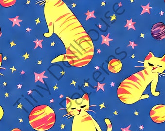 Orange Cats in Space Orange and Blue Seamless Pattern for Wallpaper