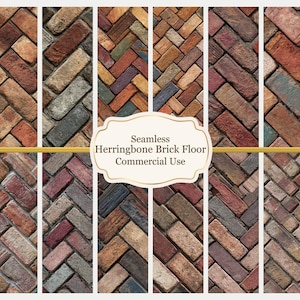 May include: A collection of seamless herringbone brick floor patterns in various colors, including red, brown, gray, and tan. The image includes the text "Seamless Herringbone Brick Floor Commercial Use".
