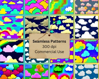 8-Bit RGB Clouds Pixel Paper Bundle Seamless Patterns | Wallpaper Art Set of 18 Files | 300 DPI Tile Download