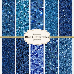 Könnte beinhalten: Ein digitales Bild mit einer Sammlung nahtloser blauer Glitzerkacheln. Die Kacheln variieren in der Schattierung von hellblau bis dunkelblau und bestehen aus Glitzer in verschiedenen Größen und Formen. Der Text "Seamless Blue Glitter Tiles 300 DPI" ist enthalten.