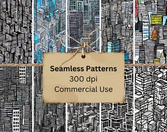 Pacchetto di modelli digitali paesaggio urbano surreale di 10 immagini / download senza soluzione di continuità a 300 DPI / skyline della città affollata