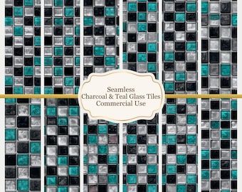 Charcoal Teal Glass Tiles Seamless Pattern | Industrial Chic Digital Paper (1:6, 1∶12 Scale)