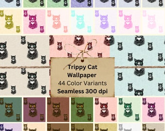 Pacchetto di sfondi Trippy Cat / 44 disegni senza soluzione di continuità / Download di carta digitale per case delle bambole e modelli in scala