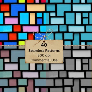 May include: A digital download of 40 seamless patterns featuring colorful geometric designs. The patterns are 300 dpi and are for commercial use.