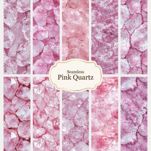May include: A seamless pattern featuring various shades of pink quartz crystals. The image is divided into vertical panels, showcasing the different textures and colors of the crystals. The text "Seamless Pink Quartz" is displayed in a decorative frame.