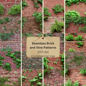 May include: A digital collage of nine seamless patterns featuring red brick walls with green vines growing on them. The patterns are 300 dpi and for commercial use.