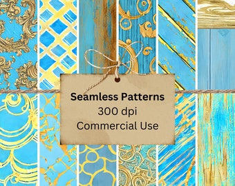 Pacchetto di carta senza cuciture per casa delle bambole in legno shabby azzurro e oro / 12 file PNG / download di piastrelle 300 DPI