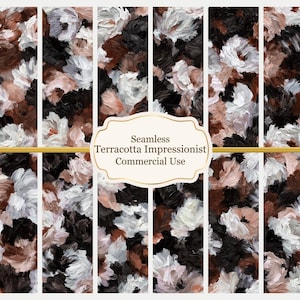 Op de afbeelding: Een digitaal patroon met dikke, getextureerde olieverf penseelstreken in tinten zwart, wit, terracotta en oudroze. Een centraal crèmekleurig label met een gouden rand toont de tekst Seamless Terracotta Impressionist Commercial Use.