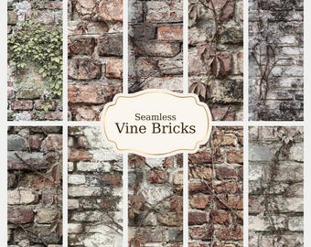 Worn Bricks and Vines Dollhouse Tile | Overgrown 1:12 Scale Miniature Paper (Digital Download)