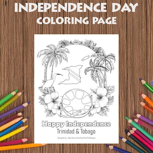 Może przedstawiać: Czarno-biała strona do kolorowania z tekstem "INDEPENDENCE DAY COLORING PAGE". Strona przedstawia tropikalną scenerię z palmami, ptakiem i konturem Trynidadu i Tobago. Tekst "Happy Independence Trinidad & Tobago" jest również uwzględniony.
