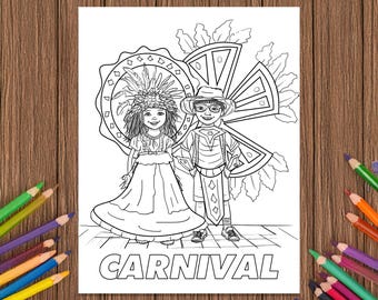 2 Kids at Kiddies Carnival - Coloring Page - Digital Download, Printable Caribbean Art, Trinidad and Tobago