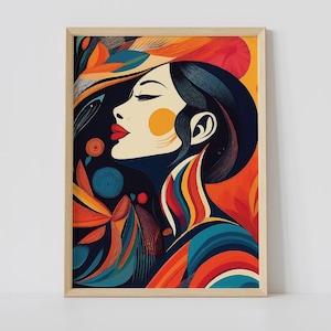Modern Abstract Woman Art Print, Colorful Female Figure Painting, Contemporary Feminine Wall Art, Vibrant People Artwork | Digital Download