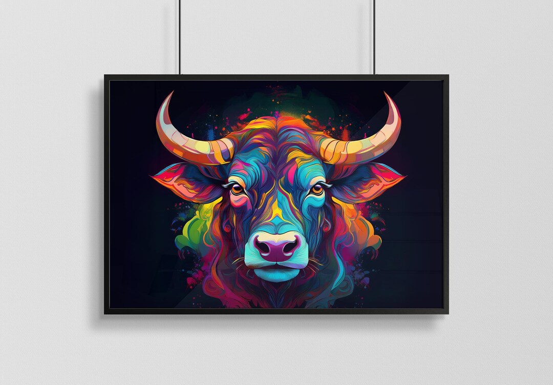Abstract Bull Art Print: Psychedelic Neon Animal Portrait (digital ...