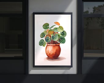 Peperomia Plant Watercolor Print: Abstract Botanical Art, Terracotta Pot (Digital Download)