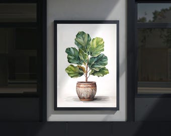 Fiddle Leaf Fig Watercolor Print: Abstract Botanical Art, Terracotta Pot (Digital Download)