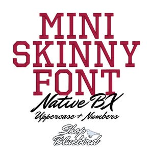 Op de afbeelding: Op een witte achtergrond staat de tekst "MINI SKINNY FONT" in bordeauxrode blokletters. Daaronder, in cursief, "Native BX" en "Uppercase + Numbers". Het Shop Bluebird logo, een vogel, staat onderaan.