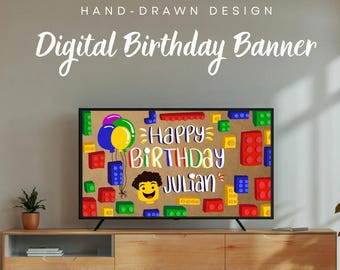 Gepersonaliseerde verjaardagsbanner bouwsteen, aangepaste naam achtergrond kinderfeestje (digitale download)