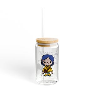 Toca Boca Inspired Coraline Glass Sipper – Yellow Raincoat Girl Fan Art (16oz) image 1