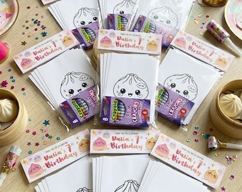 Gepersonaliseerde knoedelkleuring feestartikelen | Kawaii dimsum-activiteitenpakket (8 glitterkleurpotloden)