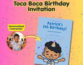 Gepersonaliseerde Toca Boca-verjaardagsuitnodiging, aangepast personageportret (digitale download)