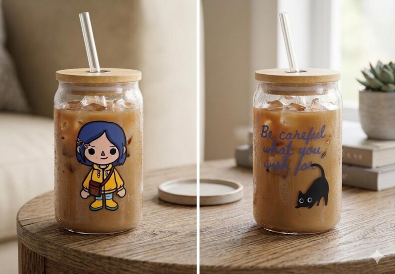 May include: Two glass tumblers filled with iced coffee, bamboo lids, and glass straws. One has a cartoon character, the other the text "Be careful what you wish for" and a black cat. Both are on a wooden table.
