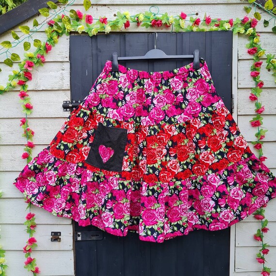 Full Tiered Pink and Red Rosy Skirt Floral Tiered Skirt Etsy UK