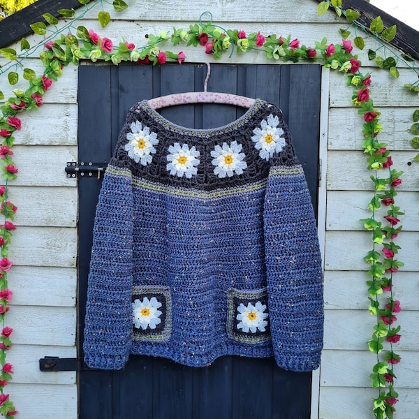 Cosy on Down Sweater - Digital PDF crochet pattern , Cosy On Down jumper pattern.  Loose fit crochet sweater with pockets