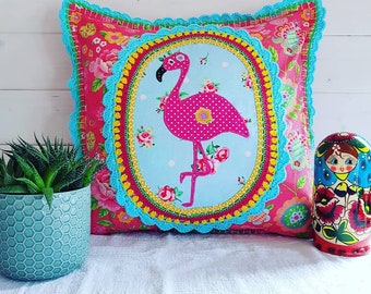 Florence The Flamingo Cushion, applique Cushion, Crochet Cushion, Flamingo Cushion, Flamingo Pillow