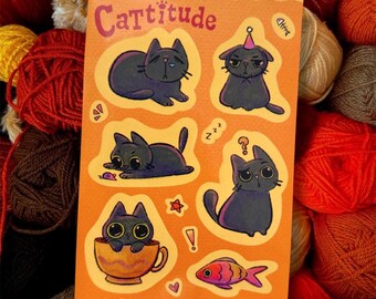 Cattitude Sticker Sheet - Black Cat Lover Stickers for Journaling