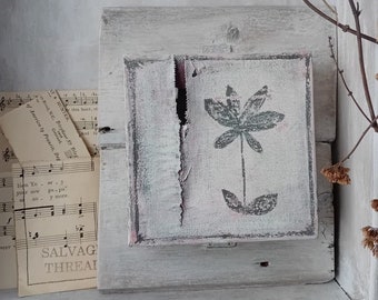 Primitive Rustic Flower Painting Old Barn White & Charcoal Timber Ripped Canvas Simple Country Barn Style Decoration Art