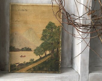 Antique Landscape Oil On Canvas Painting Simple Rustic Country Mountains River