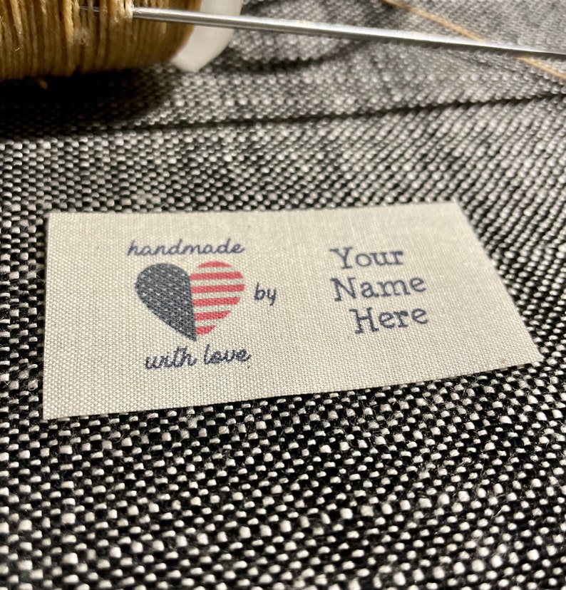May include: Handmade with love by Your Name Here label with a red, white, and blue heart.