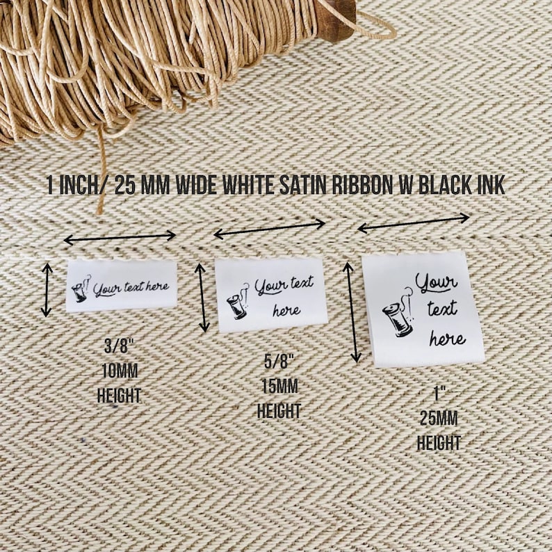 Set of 100 White Satin Fabric Labels 1 inch or 25mm Custom  Black ink PRECUT with your design 