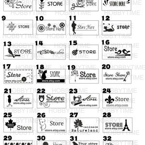 May include: A collection of 33 black and white Etsy shop logo designs. The logos feature various icons, text, and designs, including a butterfly, a cat, a bird, a sewing machine, a maple leaf, a mushroom, and a flower.
