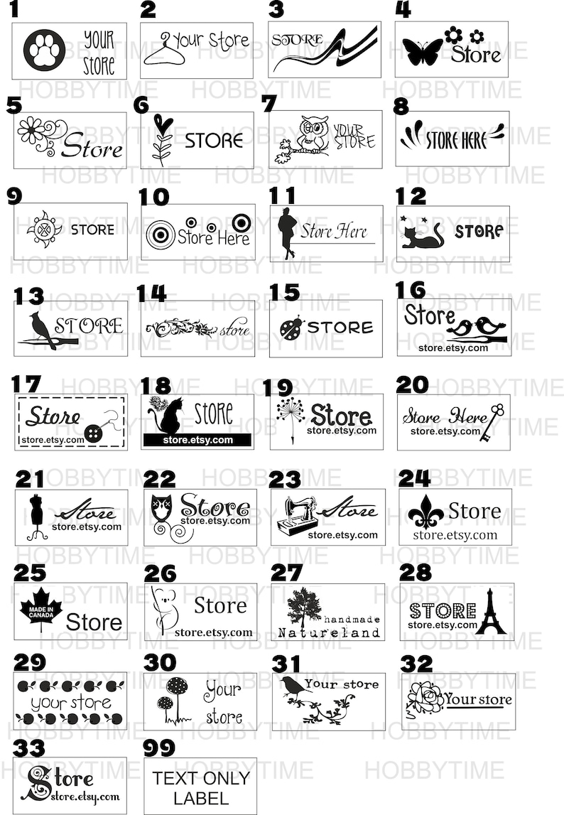 May include: A collection of 33 black and white Etsy shop logo designs. The logos feature various icons, text, and designs, including a butterfly, a cat, a bird, a sewing machine, a maple leaf, a mushroom, and a flower.