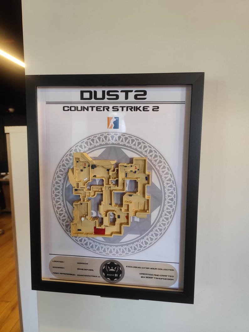 This photo captures the framed Dust2 map as an ideal gift idea for CS:GO players, gaming enthusiasts, or anyone who appreciates unique and detailed collectibles.