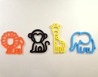 Colorful Safari Animal Wall Decor Set – Lion, Monkey, Giraffe, Elephant
