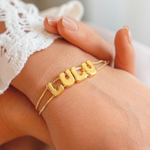 Bubble Name Bracelets 18k Gold • Custom Name Cuff Bracelet • Minimalist Bracelet • Mother&#39;s Day Gift • Balloon Letter Name Bracelet for Her