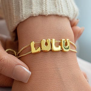 Custom Name Bracelets • 18k Bubble Gold Name Cuff Bracelet • Minimalist Bracelet • Mother&#39;s Day Gift • Balloon Letter Name Bracelet for Her