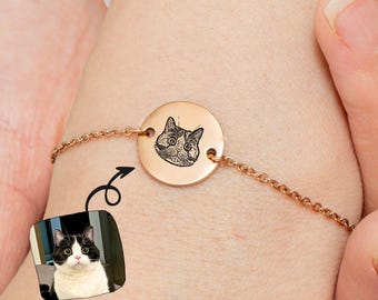 Pet Bracelet, Personalized Engraved Dog Cat Portrait Photo Bracelet, Custom Pet Memorial Jewelry, Meaningful Pet Lover Gift for Dog Cat Mom