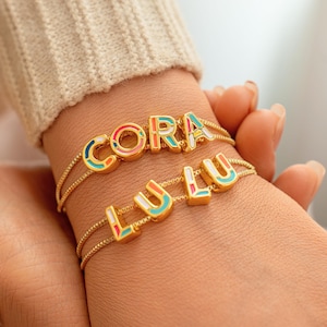Color Name Bracelets 18k Gold • Custom Name Cuff Bracelet • Minimalist Bracelet • Mother&#39;s Day Gift • Color Letter Name Bracelet