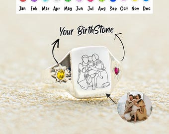 Ring with Real Picture,Personalized Family Photo Birthstone Jewelry,Custom Ring with 2 Birthstones,Personalized family jewelry,Gift for Mom