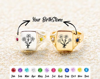 パーソナライズされた誕生花リング、ゴールドの誕生花リング、刻印入り誕生花ジュエリー、お母さんへのカスタム誕生石ジュエリー、誕生日の記念品