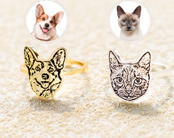 Personalized Pet Portrait Ring For Pet Lover, Pet Photo Ring, Engraved Cat Ring, Pet Memorial Jewelry Gift, Pet Remembrance, Gift for Her