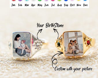 Personalized Family Photo Birthstone Jewelry, Ring with Real Picture,Custom Ring with 2 Birthstones,Personalized family jewelry,Gift for Mom