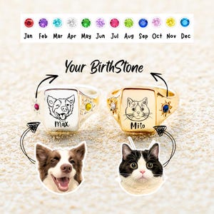 Personalized Pet Portrait Ring,Gemstone Dog Ring,Pet Birthstone Ring, Pet Memorial Jewelry Gift, Pet Remembrance,Gift for Mom,Pet loss gifts